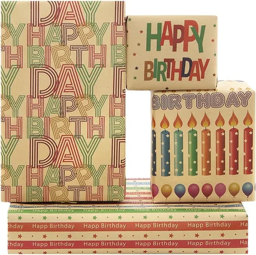 Papel de regalo colorido de estraza para hombres, mujeres, niños, niñas, niños, 4 hojas en 4 diseños plegados planos de 20 x 28 pulgadas por hoja