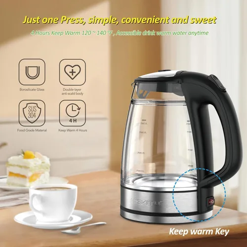 Miniatura 4 de NISVITU Hervidor eléctrico inalámbrico de vidrio y acero inoxidable para hervir agua, hervidor de agua caliente Hervidor eléctrico de té con apagado