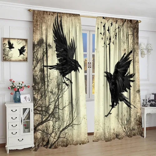 Miniatura 3 de Cortinas góticas de bosque de cuervos, para Halloween, espeluznante, negro, cuervo negro, alas oscuras, suspenso, con bolsillo para barra, cortinas