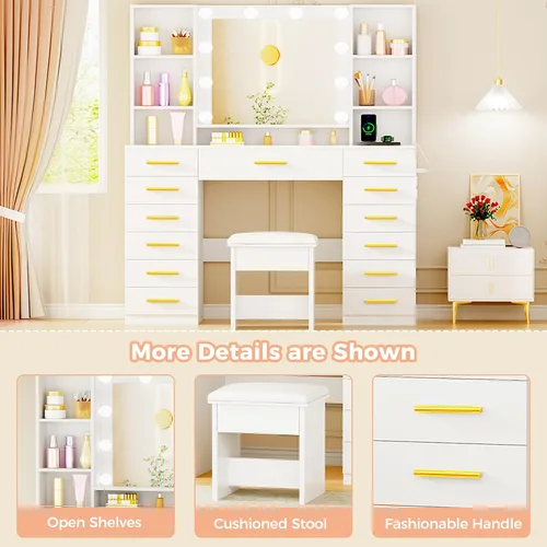 Miniatura 8 de ANWBROAD Escritorio de tocador con espejo y luces, juego de mesa de tocador de maquillaje blanco con parte superior de cristal, 13 cajones, 7