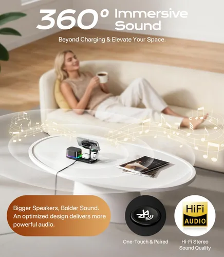 Miniatura 7 de Meifigno Estación de carga 5 en 1 de 25 W para Galaxy S26 Ultra con altavoz Bluetooth, reloj despertador, luz nocturna, cargador inalámbrico