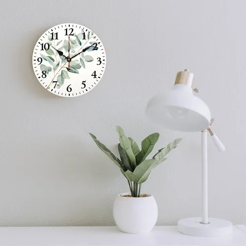 Miniatura 6 de Reloj de pared de madera de 10 pulgadas, acuarela, rústico, eucalipto, reloj de pared de madera rústica, cuarzo, sin tictac, número arábigo, hoja