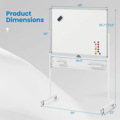 Miniatura 6 de Goplus Pizarra blanca rodante de 48 x 36 pulgadas, pizarra magnética de borrado en seco de altura ajustable con tablero de clavijas, ganchos