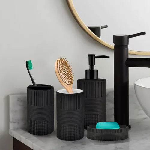 Miniatura 7 de Juego de Accesorios de Baño Negro Mate, Juego de Baño de Cerámica con Relieve de 4 Piezas Completo - Portacepillos de Dientes, Dispensador de Jabón