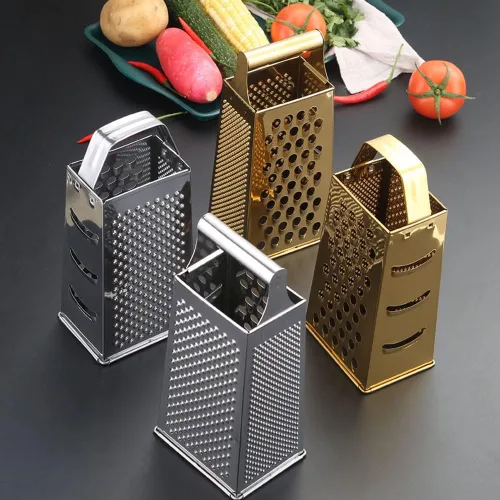 Miniatura 2 de Rallador de caja para cocina, rallador de queso de 4 caras, acero inoxidable dorado para queso, papa, pelador de zanahorias y rebanador, accesorios