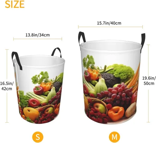 Miniatura 5 de Cesta circular con estampado de verduras y frutas, impermeable, cesta organizadora de ropa, con asas, para ropa, juguetes, pequeña