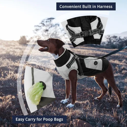 Miniatura 2 de IECOii Chaqueta para perro con arnés de invierno integrado, color negro, XXXL, abrigo de perro con cremallera, ropa de invierno para perros grandes