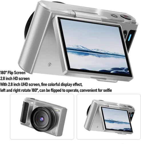 Miniatura 3 de Cámara digital 4K con pantalla abatible de 180°, zoom de 16X, apuntar y disparar, cámara compacta de viaje para principiantes (plateado)