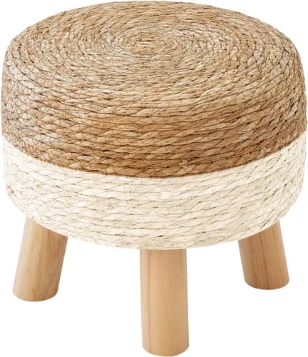 Miniatura 10 de Taburete redondo otomano natural de algas marinas, taburete de pie con 4 patas de madera, taburete redondo tejido a mano, taburete de sofá, taburete