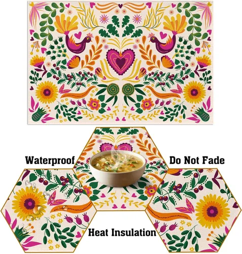 Miniatura 6 de Sunwer Juego de 4 manteles individuales de fiesta mexicana, diseño floral de Cinco de Mayo, decoración de fiesta del Día de los Muertos, decoración