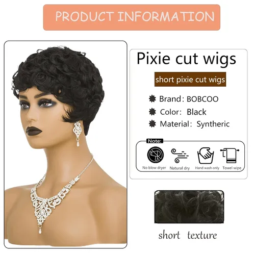 Miniatura 2 de Pelucas cortas Pixie para mujeres negras, corte Pixie negro natural, pelucas cortas y rizadas afroamericanas, pelo sintético con flequillo