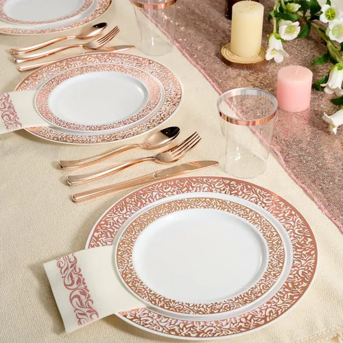 Miniatura 5 de FOCUSLINE Juego de vajilla de oro rosa de 175 piezas para 25 invitados, platos de plástico con diseño de borde de encaje de oro rosa, incluye 25