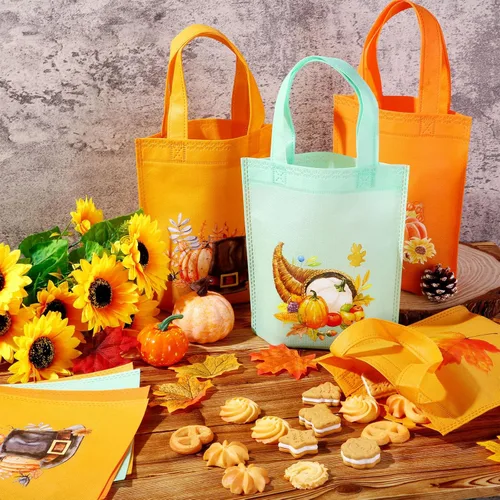 Miniatura 2 de 24 bolsas de regalo de calabaza de Acción de Gracias, bolsas de mano no tejidas de otoño con asas para decoración de fiesta temática de Acción