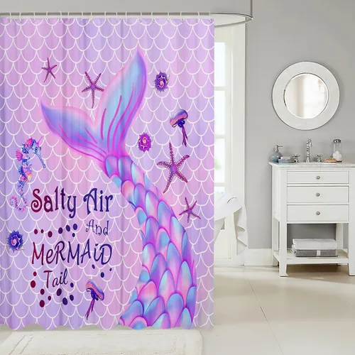 Miniatura 2 de Cortina de ducha infantil para niñas, sirena, cortina de baño de sirena de 72 x 72 pulgadas, cortina de baño con cola de sirena morada, cortina
