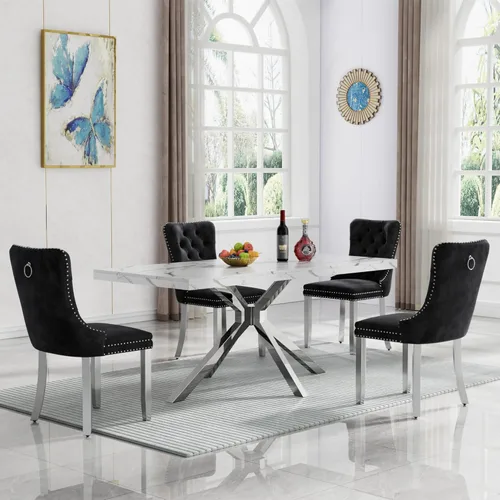 Miniatura 12 de HomVent Juego de mesa de comedor rectangular para 4, juego de mesa de cocina rectangular, juego de mesa de comedor de mármol sintético, juego