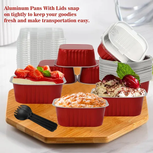 Miniatura 6 de Moldes para hornear con tapas, 30 PCS moldes cuadrados mini para pasteles de 10 oz con tapas, recipientes desechables para cupcakes, moldes