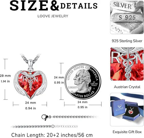 Miniatura 220 de Collar de alas de ángel de plata de ley 925, ángel de la guarda, enfermera RN caduceo, dije de ángel de cristal, joyería de regalo para mujer