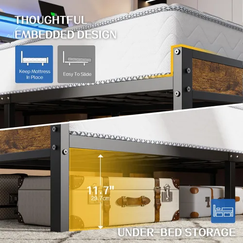 Miniatura 5 de Liians Estructura de cama de plataforma tamaño completo con luces LED, estación de carga, cabecera tapizada gris con estantes de almacenamiento de 2