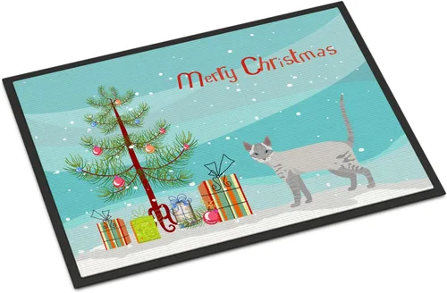 Caroline's Treasures CK4667JMAT Ojos Azules Cat Merry Christmas Felpudo de 24 x 36 pulgadas, tapete para puerta delantera, para interiores y