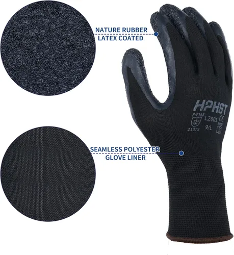 Miniatura 2 de Guantes de trabajo de látex de goma con recubrimiento para manos - Guantes de trabajo de seguridad - Excelente agarre para construcción, almacén