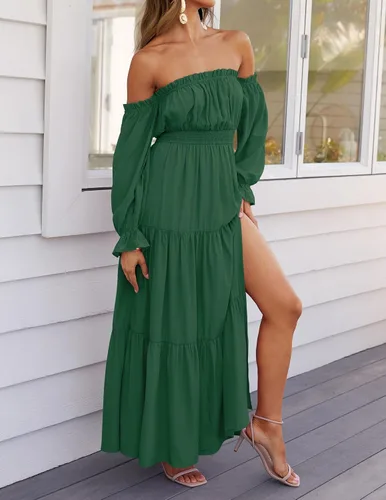 Miniatura 69 de ZESICA - Vestido largo, bohemio y sexy, con hombros descubiertos y manga larga fruncida, con elástico fruncido, cintura alta y abertura lateral