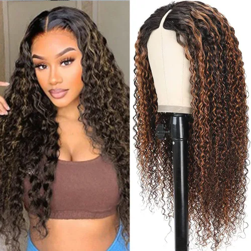 Miniatura 22 de Pelucas de Raya en V Rizadas con Forma de V para Mujeres Negras, Sin Mechas Fuera, Mejora de Raya en U, Sin Pegamento, Peluca Completa con Clip