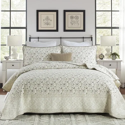 Miniatura 11 de Juego de cama tamaño queen con colcha gris y blanca, diseño floral vintage de granja, fundas a juego, 3 piezas, 100% algodón, colcha ligera
