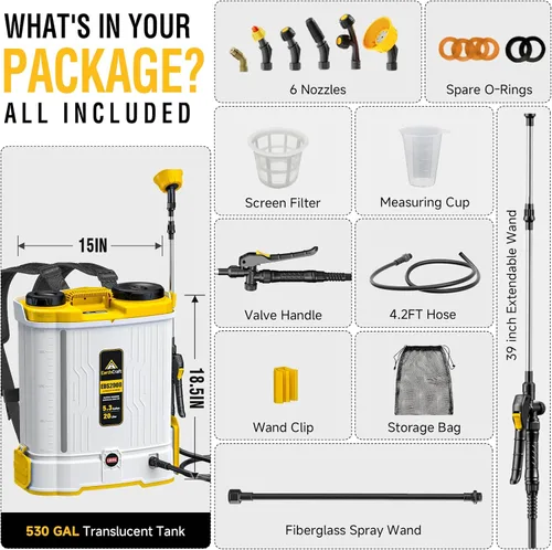Miniatura 9 de Pulverizador de mochila a batería de 5.3 galones compatible con batería DeWalt de 20 V (no incluida), equipado con sistema de mezcla, rociador