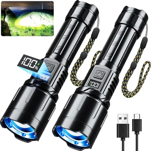 Miniatura 9 de Linterna recargable 99000 lúmenes altos, luz LED súper brillante, linternas tácticas con pantalla de alimentación LCD, 6 modos, impermeable