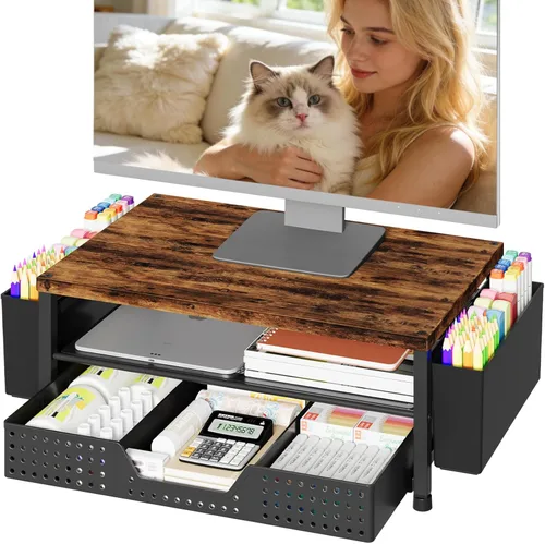 Miniatura 9 de OPNICE - Organizadores y accesorios de escritorio, con soporte de monitor de computadora de 2 niveles, cajón y 2 soportes para bolígrafos, Roble
