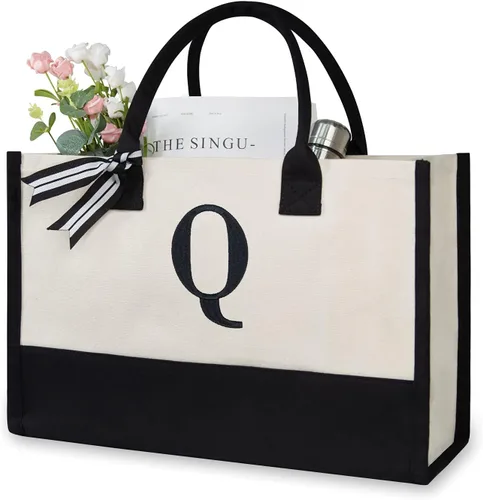 Miniatura 319 de TOPDesign - Bolso de playa de lona con inicial personalizada, bolsa de regalo con monograma, para mujer