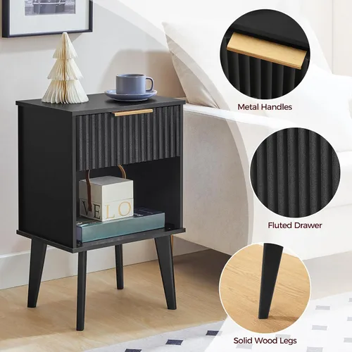 Miniatura 8 de MAHANCRIS Mesita de noche negra acanalada, moderna mesita de noche con cajón y almacenamiento de apertura, mesita de noche con patas de madera, mesa