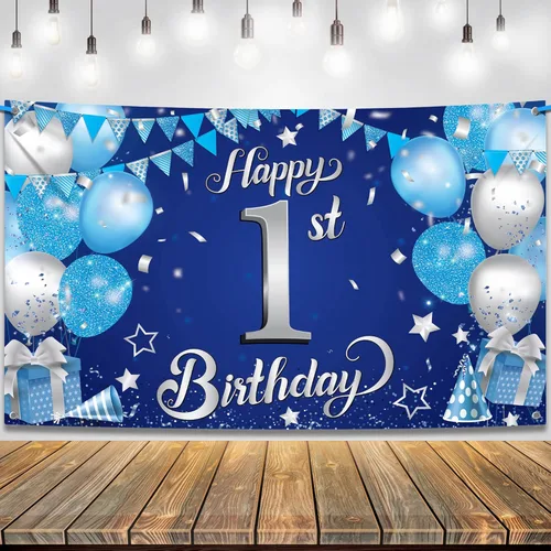 KatchOn, Cartel de feliz primer cumpleaños para niño, 72 x 44 pulgadas, Xtralarge, telón de fondo azul y plateado para el primer cumpleaños,