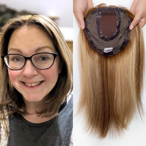 Miniatura 16 de Cubrecabello humano real de seda de 5 x 5.5 pulgadas, tamaño de la gorra, cobertura de corona de cabello lacio Remy, pieza de cabello atado a mano 2#