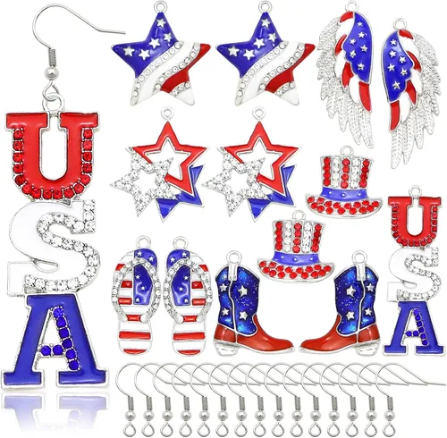 Miniatura 8 de QuneusHot 30 dijes esmaltados de bandera estadounidense, 4 de julio, patrióticos, colgantes, decoración para manualidades, aretes, pulseras