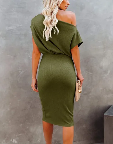 Miniatura 6 de Ezbelle Vestido por debajo de la rodilla, ajustado, para mujer, con hombro descubierto y manga corta, vestido acanalado informal y de fiesta