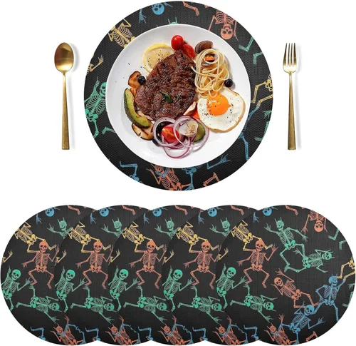 Miniatura 3 de Skeletons Black Table Placemats, Heat Resistant Non Slip PVC Placemats Round for Kitchen one sizex4