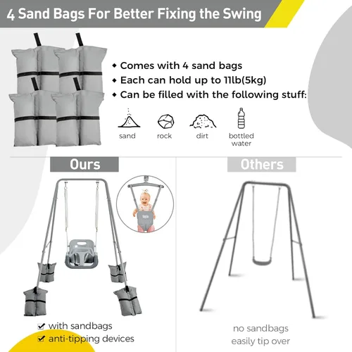 Miniatura 4 de FUNLIO Juego de columpio 2 en 1 para niños pequeños y bebés, columpio y hamaca resistente para niños con 4 bolsas de arena, soporte metálico Gris