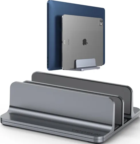 Miniatura 8 de YICOSUN Soporte vertical de aluminio para laptop para escritorio, base de ancho ajustable para MacBook, Surface, Samsung, HP, Dell de hasta 17.3 Gris