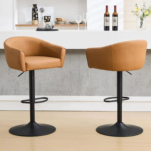 Miniatura 10 de FIRAVOE Juego de 2 taburetes de bar, taburetes de bar giratorios con respaldo y brazos, silla de bar ajustable de piel sintética de 24 a 34