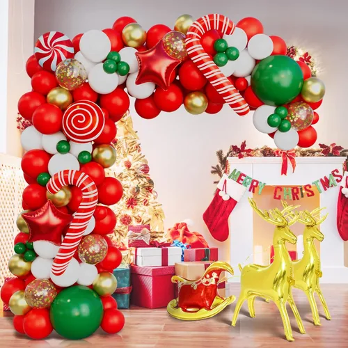 Miniatura 5 de Kit de arco de guirnalda de globos de Navidad con globos de trineo con lentejuelas rojas, doradas, blancas, verdes, doradas, estrellas, alces