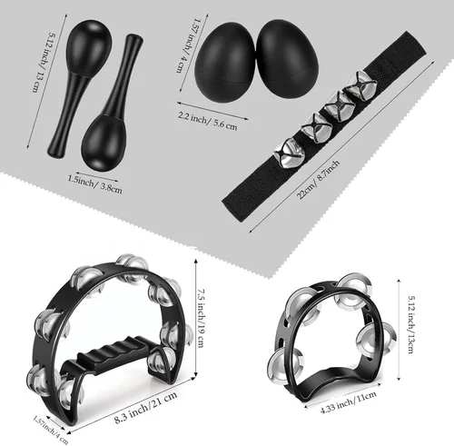 Miniatura 2 de 8 panderetas para adultos, panderetas de metal de percusión de mano, pandereta de media luna, 4 campanas, campanas de muñeca, agitadores de huevos