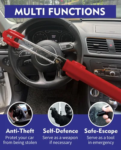 Miniatura 5 de Bloqueo de Volante Antirrobo de Alta Resistencia Seguro para Coche, Abrazadera de Longitud Ajustable, Doble Gancho, Bloqueos de Ajuste Universal Rojo