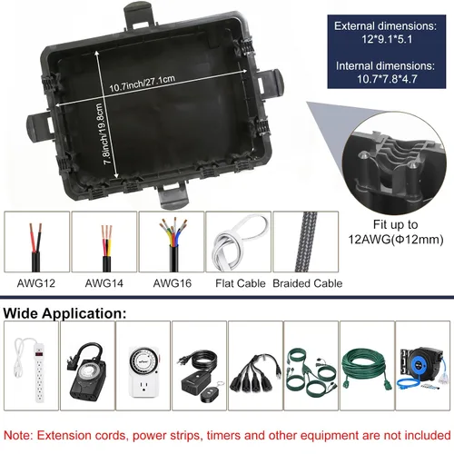Miniatura 5 de Caja eléctrica grande para exteriores, impermeable, cubierta de cable de extensión IP54, resistente a la intemperie, protege la regleta
