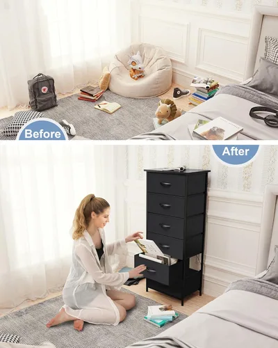 Miniatura 7 de Crestlive Products Torre de Almacenamiento Vertical para Cómoda - Marco de Acero Resistente, Superficie de Madera, Contenedores de Tela de Fácil