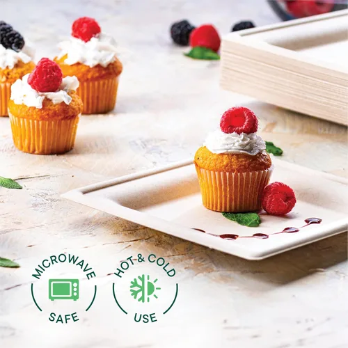 Miniatura 4 de Platos de papel cuadrados 100% compostables [paquete de 50] – {Sin PFAS} – {Certificado BPI} – [6 pulgadas] – Platos de cena de bagazo