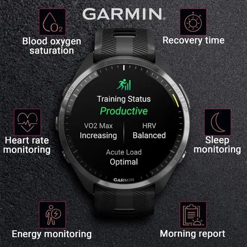 Miniatura 5 de Garmin Forerunner 965 Reloj inteligente premium para correr y triatlón con GPS de 47mm con pantalla táctil AMOLED, bisel de titanio DLC gris carbón