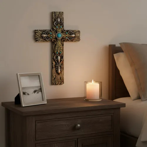 Miniatura 3 de Comfy Hour Cruz de pared de madera sintética rústica de 12 pulgadas con detalles turquesa, placa religiosa victoriana ornamentada, decoración