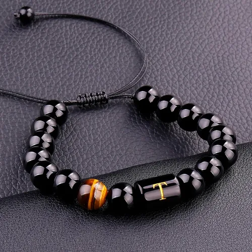 Miniatura 98 de SUMMER LOVE Regalos para el Día del Padre, pulsera con inicial de piedra de ónix negro de 0.394 pulgadas para hombres, pulsera de cuerda trenzada