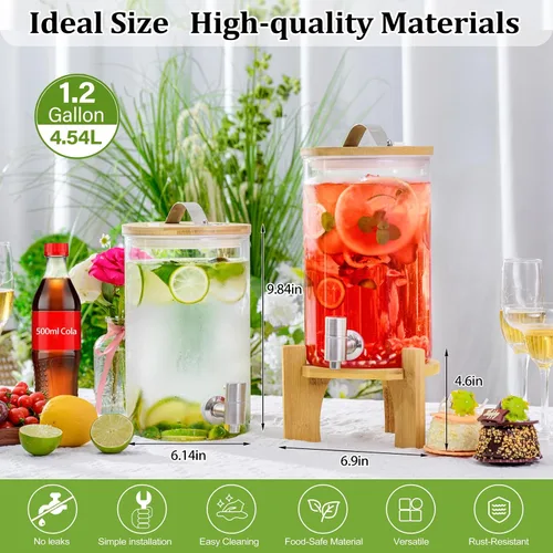 Miniatura 4 de Dispensador de bebidas de vidrio grande de 1.2 galones para fiestas, dispensador de bebidas con soporte de madera de bambú y grifo de acero